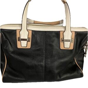 Coach Taylor F27027 Black Leather Spectator Satchel Shoulder Bag Cream Taupe